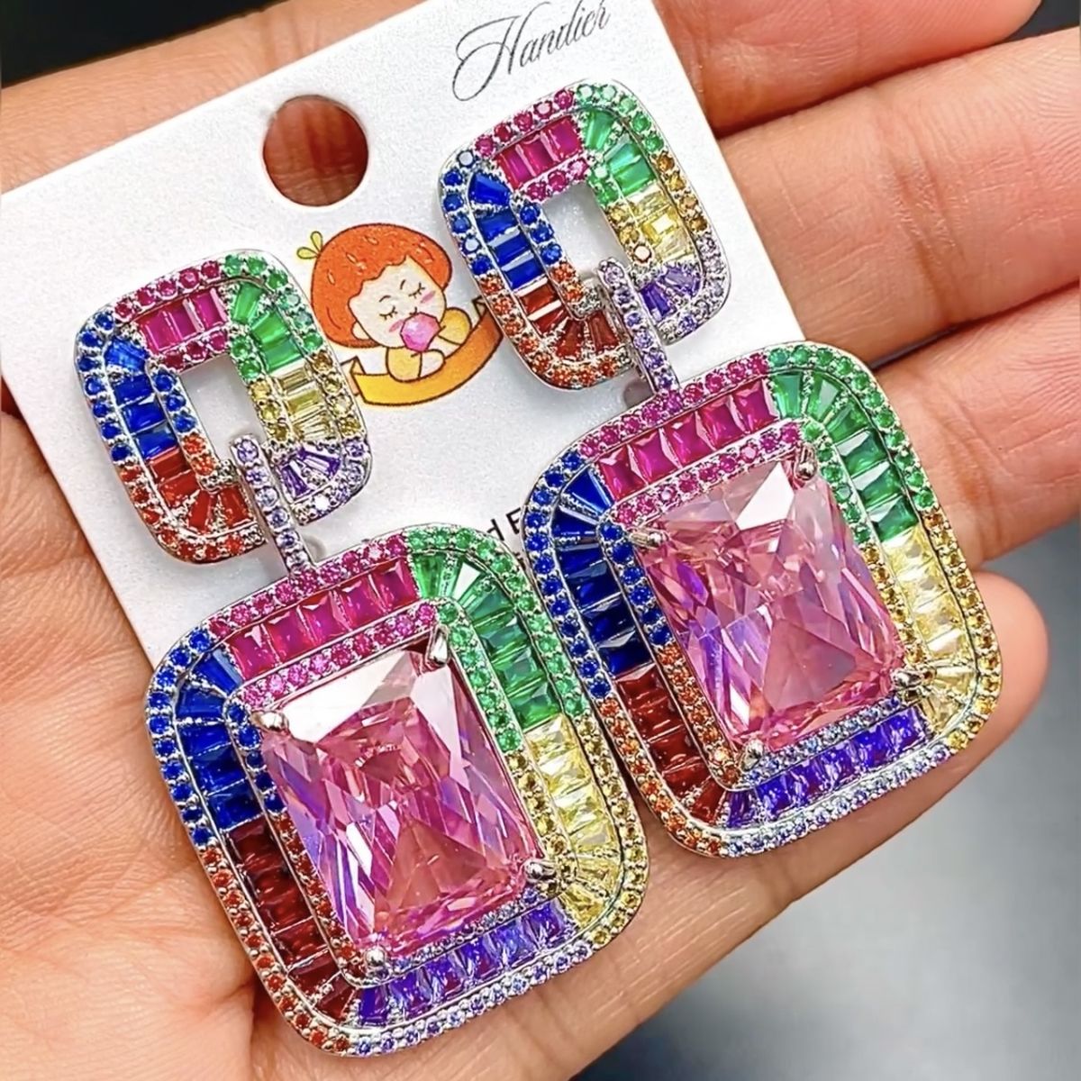 Rainbow Baguette Cushion Silver Multi Crystal Cubic Zirconia Anti Tarnish Dangler Earring For Women Main image