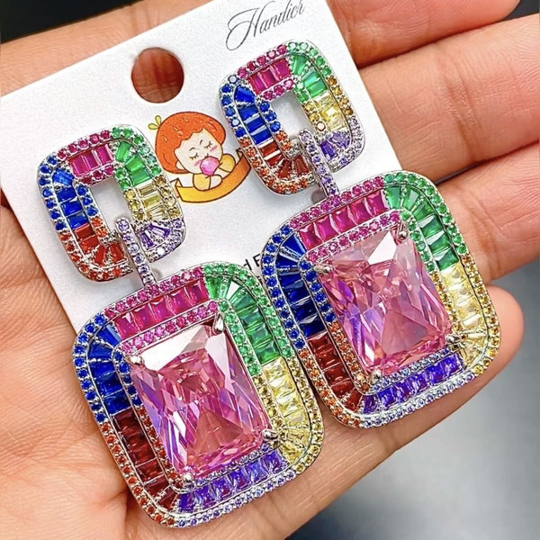 Rainbow Baguette Cushion Silver Multi Crystal Cubic Zirconia Anti Tarnish Dangler Earring For Women Main image