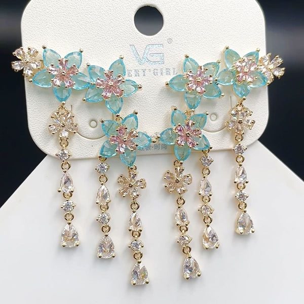 Flower Layer Gold Green CZ Crystal Anti Tarnish Dangler Earring Bulk Main image