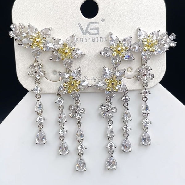 Flower Layer Gold Green CZ Crystal Anti Tarnish Dangler Earring Bulk Secondary image