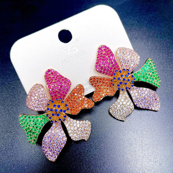 Rainbow Flower Silver Multi CZ Crystal Anti Tarnish Stud Earring Bulk Main image