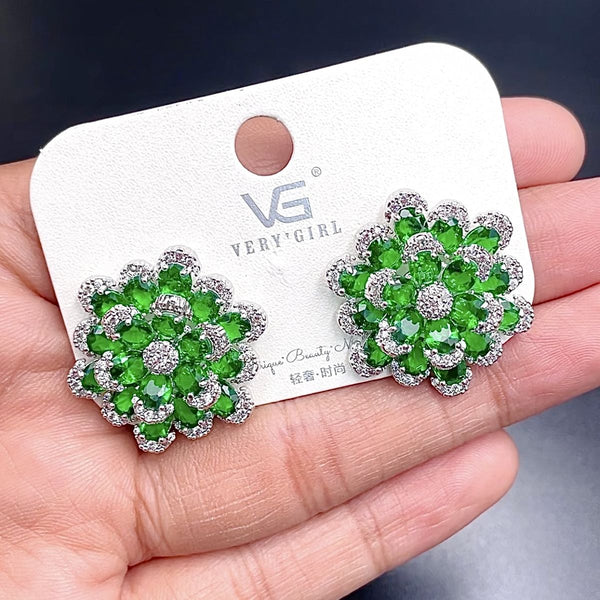 Dual Flower Silver Green CZ Crystal Anti Tarnish Stud Earring Bulk Main image