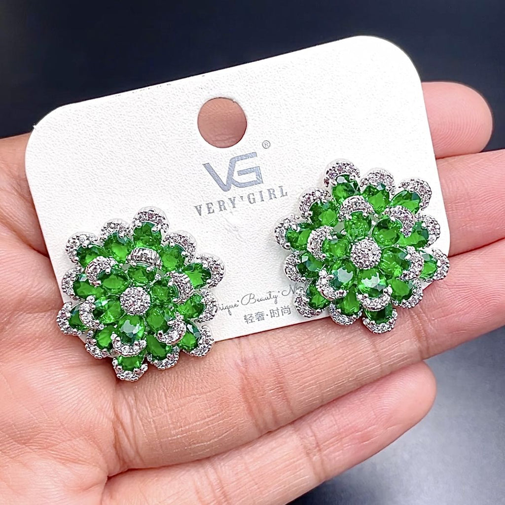 Dual Flower Silver Green CZ Crystal Anti Tarnish Stud Earring Bulk