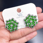 Dual Flower Silver Green CZ Crystal Anti Tarnish Stud Earring Bulk
