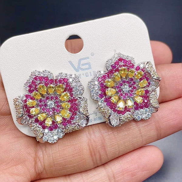 Dual Flower Silver Multi CZ Crystal Anti Tarnish Stud Earring Bulk Main image