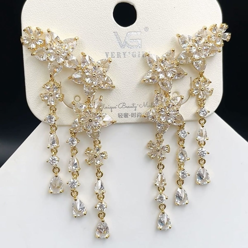 Flower Layer Gold Green CZ Crystal Anti Tarnish Dangler Earring Bulk