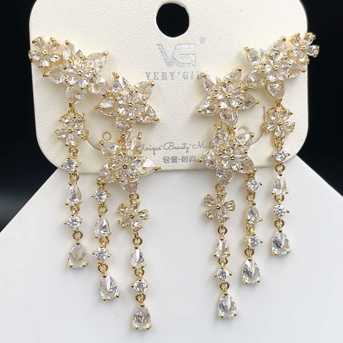 Flower Layer Gold Green CZ Crystal Anti Tarnish Dangler Earring Bulk
