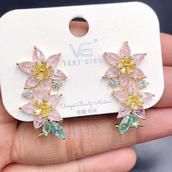 Dual Flower 18K Gold Pink Green Cubic Zirconia Crystal Anti Tarnish Dangler Earring For Women Main image
