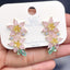 Dual Flower 18K Gold Pink Green Cubic Zirconia Crystal Anti Tarnish Dangler Earring For Women