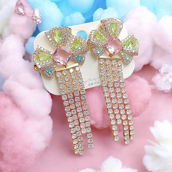 Cushion Gold Multi CZ Crystal Anti Tarnish Tassel Dangler Earring Bulk Main image