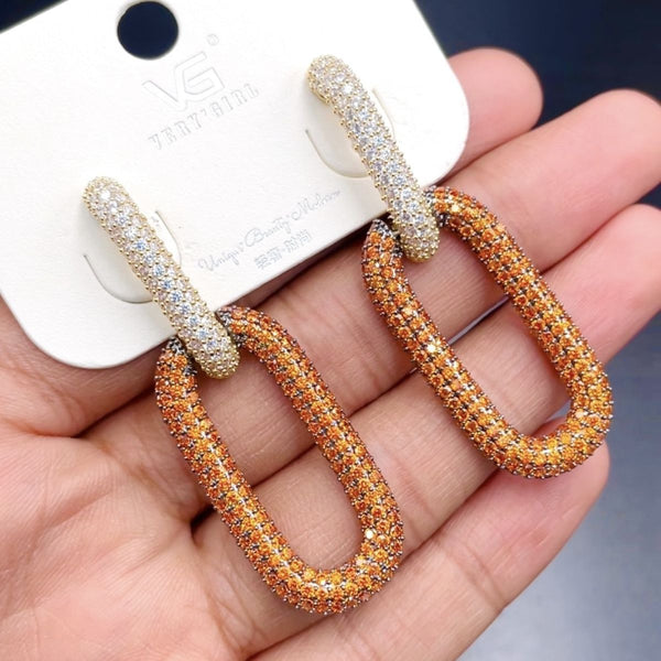 Oval Link 18K Gold Brown CZ Crystal Anti Tarnish Dangler Earring Bulk Main image