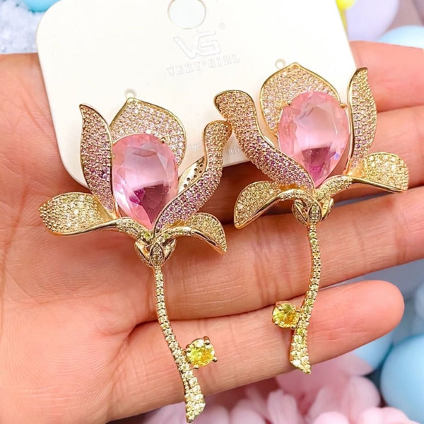 Rose Drop Solitaire 18K Gold Pink CZ Anti Tarnish Dangler Earring Bulk Main image
