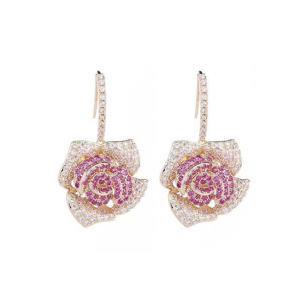 Flower CZ Crystal 18K Gold Pink Anti Tarnish Dangler Hoop Earring Bulk