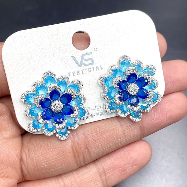 Dual Flower Cubic Zirconia Crystal Silver Light Blue Anti Tarnish Stud Earring For Women Main image