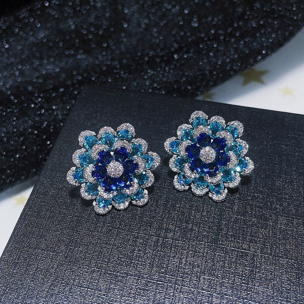 Dual Flower Cubic Zirconia Crystal Silver Light Blue Anti Tarnish Stud Earring For Women Secondary image