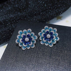 Dual Flower Cubic Zirconia Crystal Silver Light Blue Anti Tarnish Stud Earring For Women