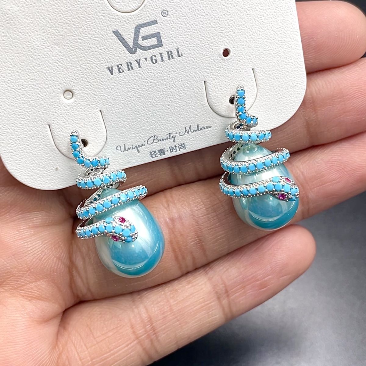 Snake Cubic Zirconia Crystal Silver Light Blue Silver Anti Tarnish Drop Earring For Women Main image