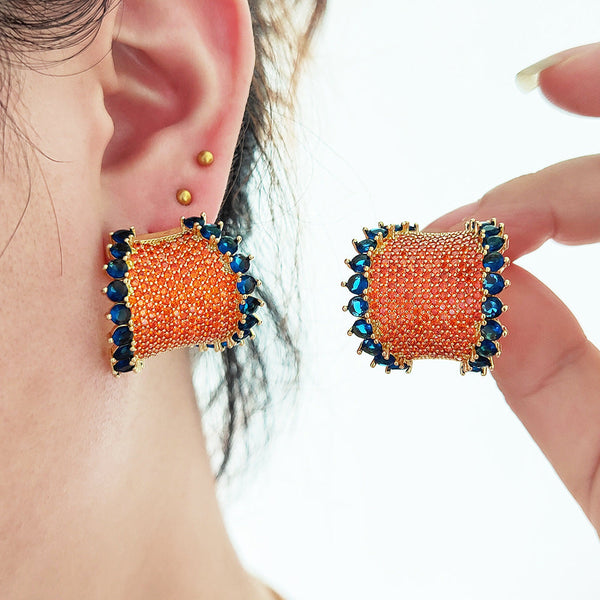 Orange Blue Gold Cubic Zirconia Anti Tarnish Copper Stud Earrings Secondary image
