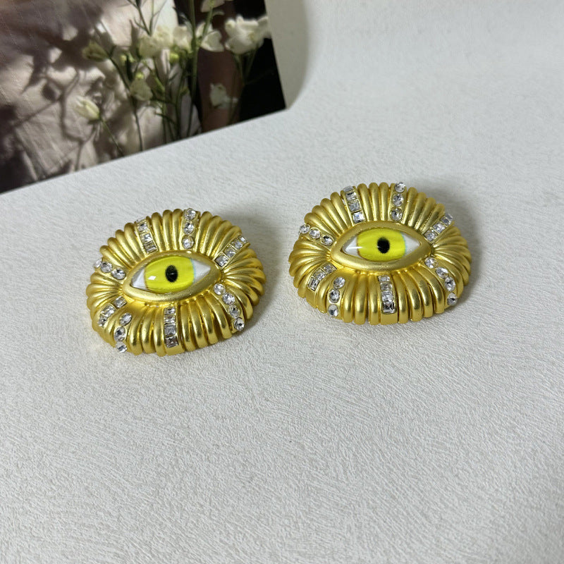 Wide Yellow Evil Eye Cubic Zirconia 18K Gold Stud Earring Women Bulk