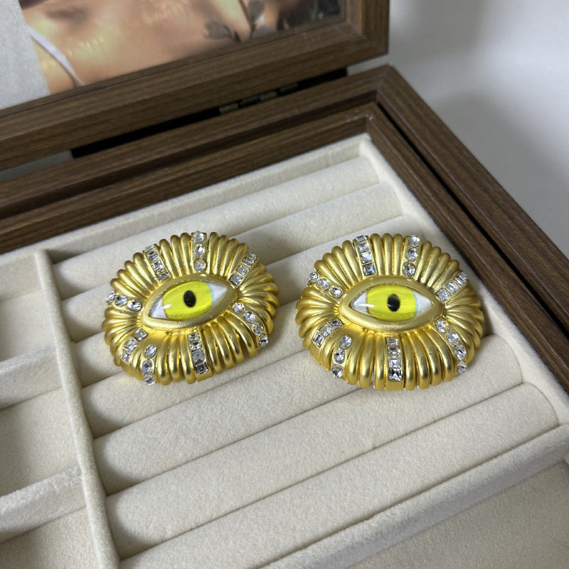 Wide Yellow Evil Eye Cubic Zirconia 18K Gold Stud Earring Women Bulk
