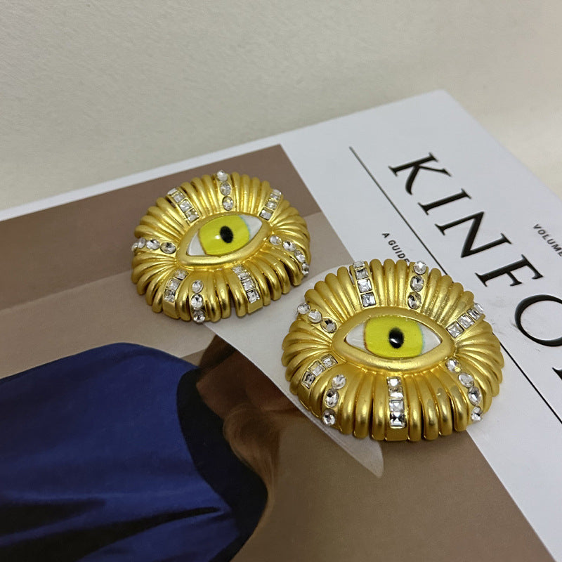 Wide Yellow Evil Eye Cubic Zirconia 18K Gold Stud Earring Women Bulk