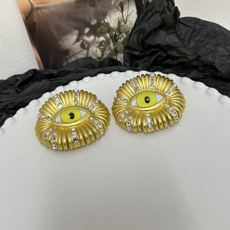 Wide Yellow Evil Eye Cubic Zirconia 18K Gold Stud Earring Women Bulk
