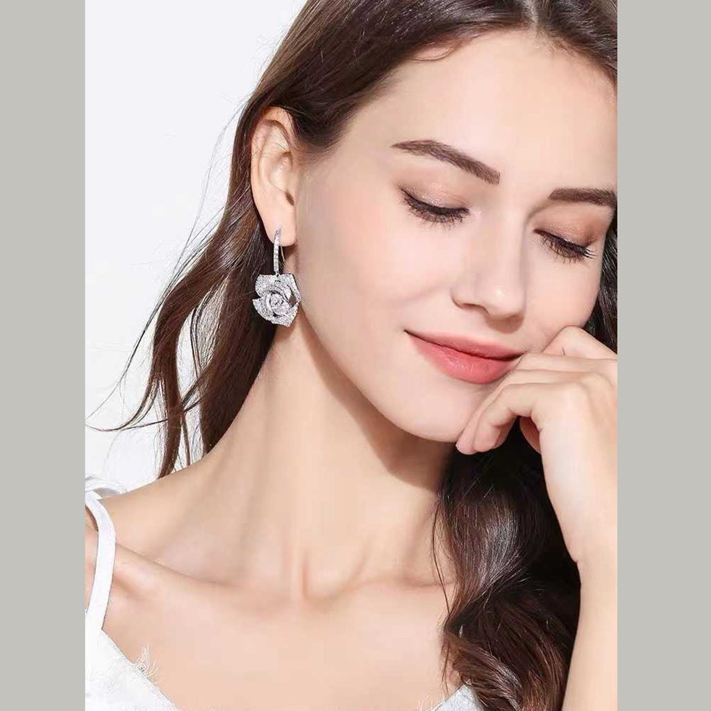 Flower CZ Crystal 18K Gold Pink Anti Tarnish Dangler Hoop Earring Bulk