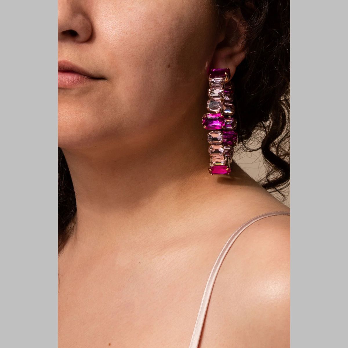 Square Rectangle Rhinestone Gold Silver Hoop Earring For Women