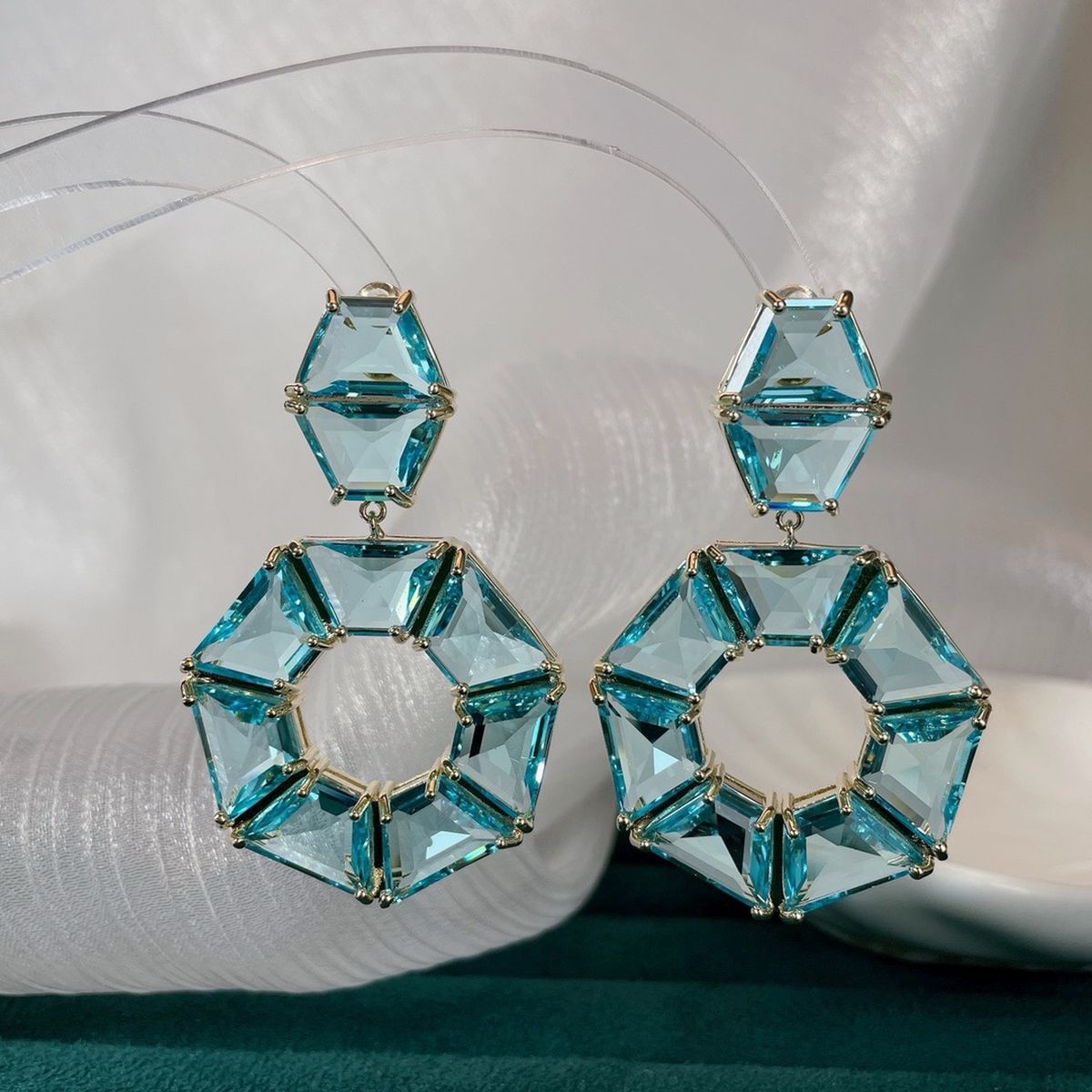 Trapezoid Crystal Silver Transparent Green Anti Tarnish Dangler Earring For Women