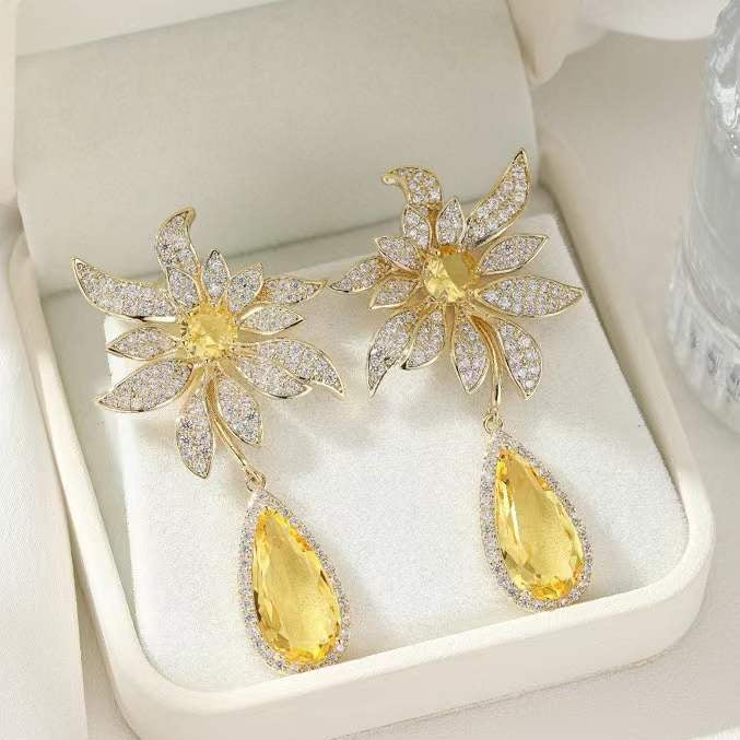 Flower Silver Plated Cubic Zirconia Anti Tarnish Copper Drop Earrings