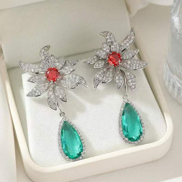 Flower Silver Plated Cubic Zirconia Anti Tarnish Copper Drop Earrings Secondary image