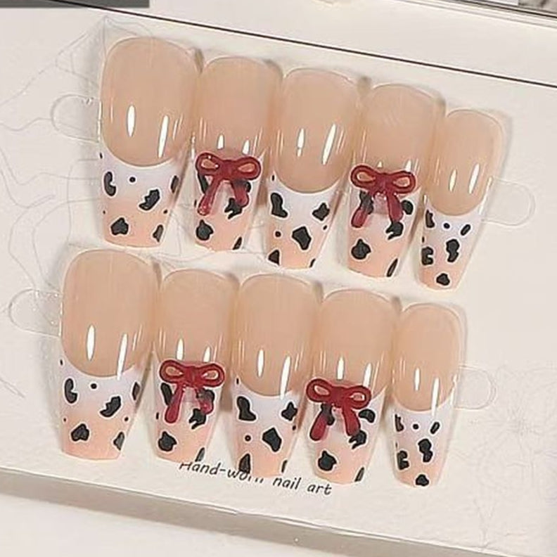 Ribbon Bow Beige White Finger Nail Pack Of 10 For Women Bulk