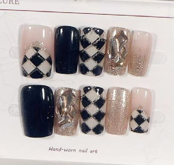 Checks Cubic Zirconia Multicolour Black Finger Nail Pack Of 10 Bulk Main image