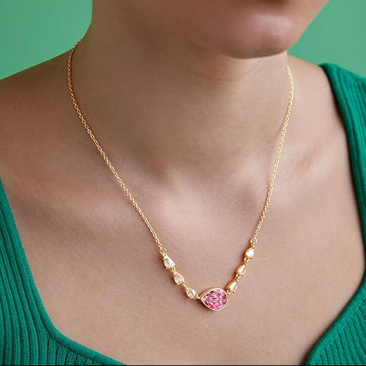 Pink Center Stone & Teardrop Rose Silver Gold CZ Brass Necklace Bulk