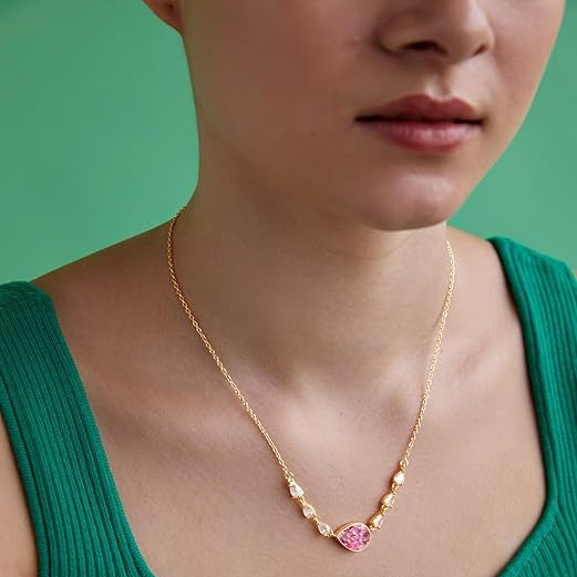 Pink Center Stone & Teardrop Rose Silver Gold CZ Brass Necklace Bulk Secondary image