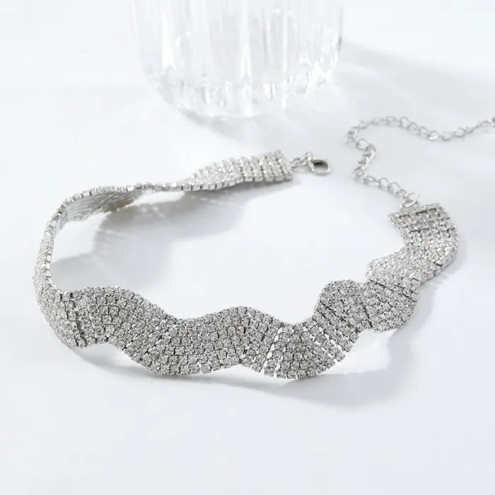Wave Gold Silver Crystal Rhinestone Adjustable Choker Necklace Bulk