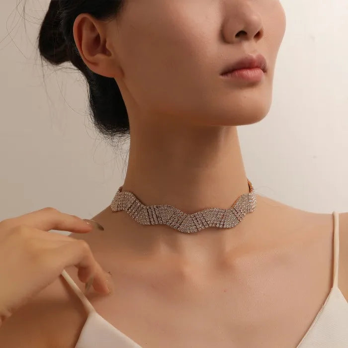 Wave Gold Silver Crystal Rhinestone Adjustable Choker Necklace Bulk Secondary image