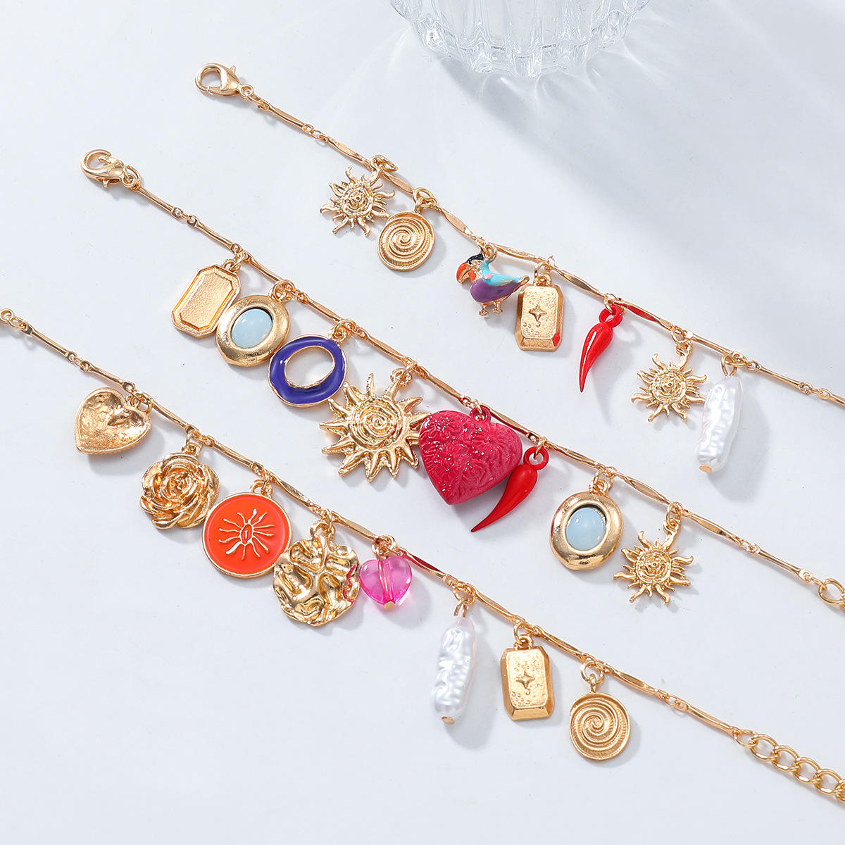 Heart Sun Pearl Enamel Gold Multilayer Charm Bracelet Pack Of 3 Bulk