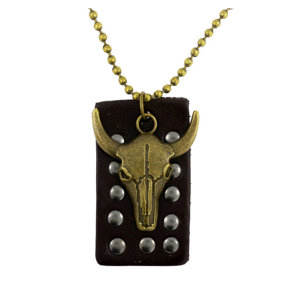 Bull Head Bronze Vintage Antique Dog Tag Pendant Leather Chain Secondary image