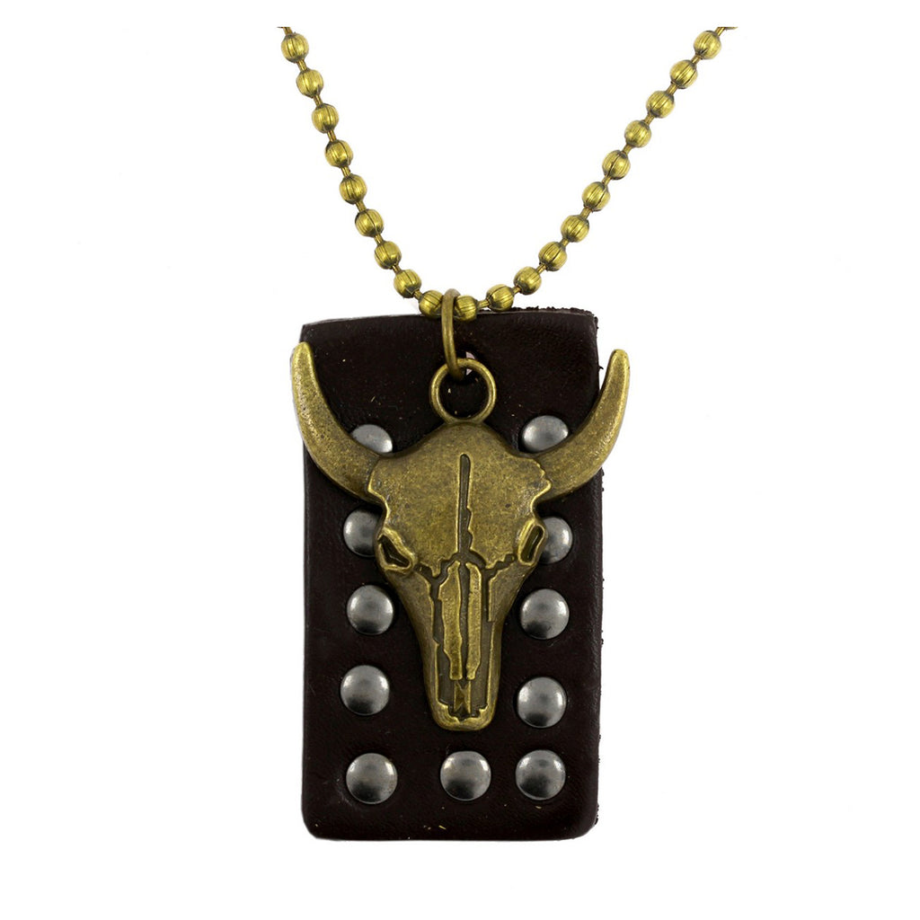 Bull Head Bronze Vintage Antique Dog Tag Pendant Leather Chain