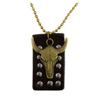 Bull Head Bronze Vintage Antique Dog Tag Pendant Leather Chain