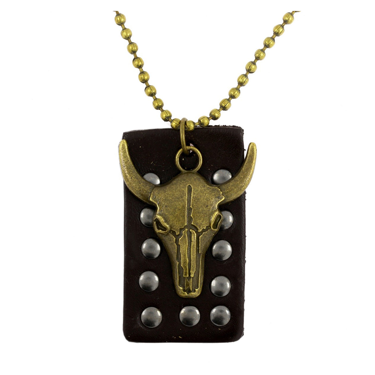 Bull Head Bronze Vintage Antique Dog Tag Pendant Leather Chain
