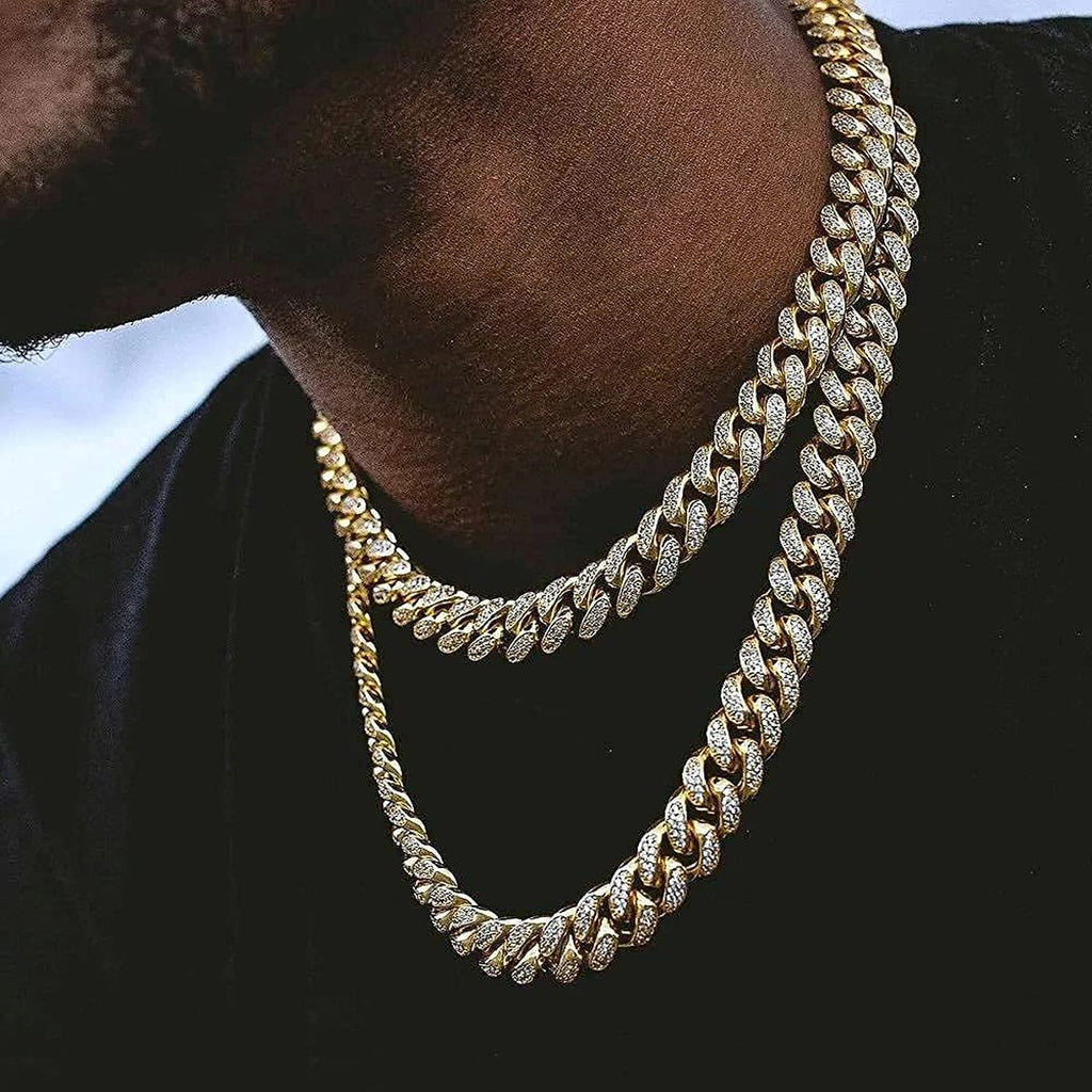 Hip Hop Iced Out Thick Heavy Punk Chunky Curb Cuban Rhinestone Gold Chain Necklace Men