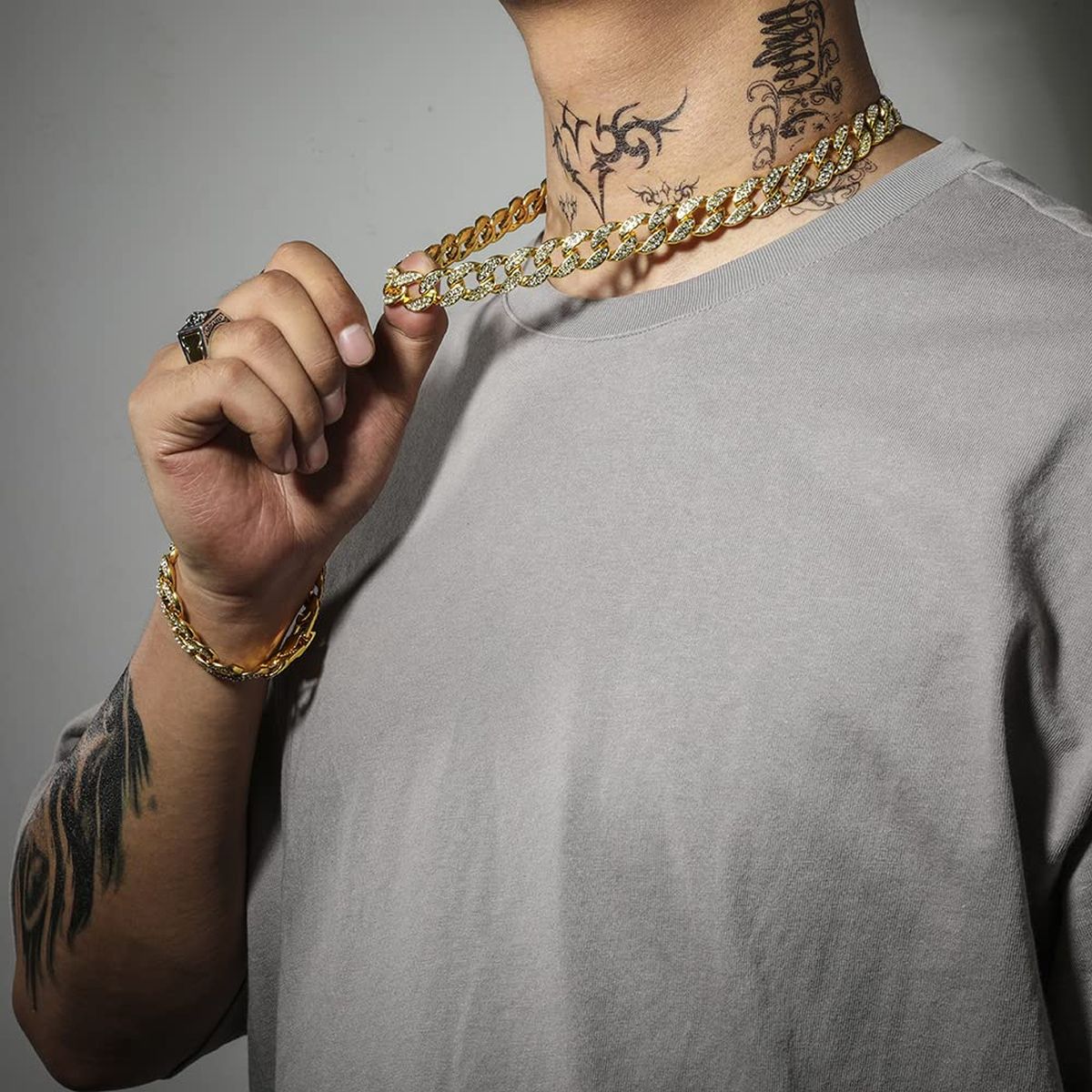 Hip Hop Iced Out Thick Heavy Punk Chunky Curb Cuban Rhinestone Gold Chain Necklace Men