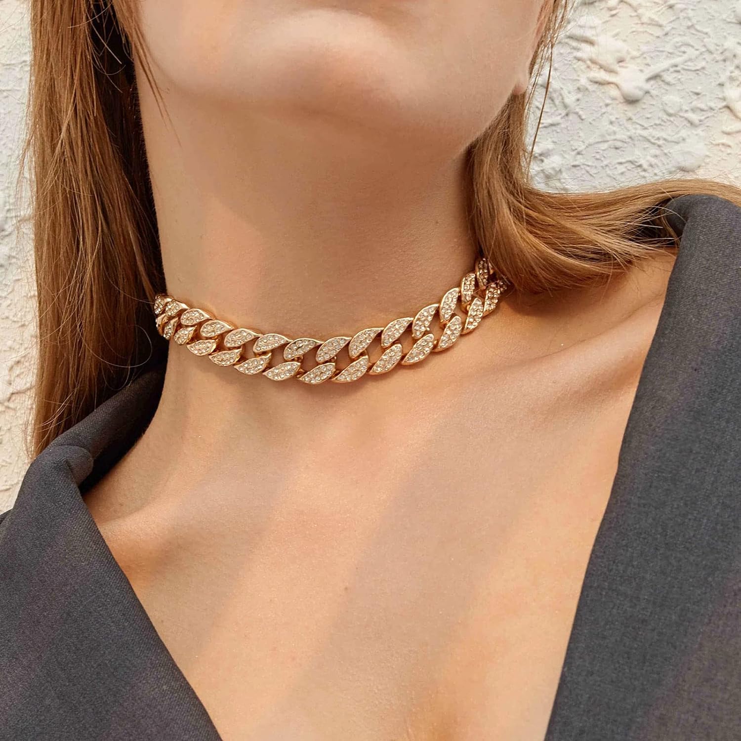 Hip Hop Iced Out Thick Heavy Punk Chunky Curb Cuban Rhinestone Gold Chain Necklace Men