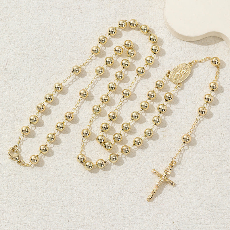 Jesus Cross Mary Christian Catholic Prayer Rosary Stainless Steel Gold Necklace Chain Main image