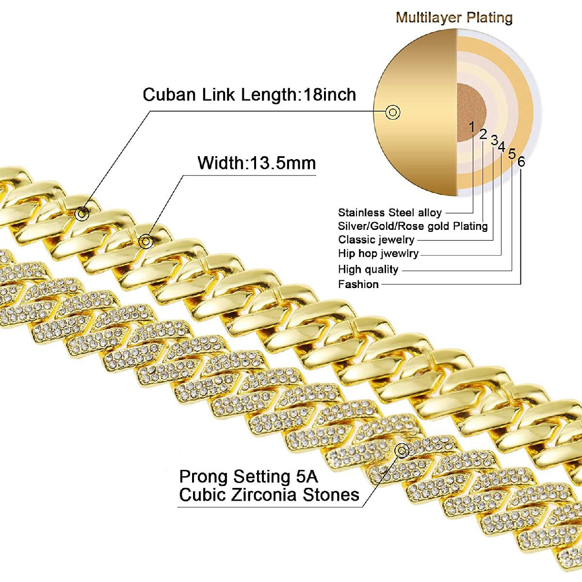 Alloy Cubic Zirconia Gold Cuban Miami Hip Hop Iced Out Chain Men Bulk