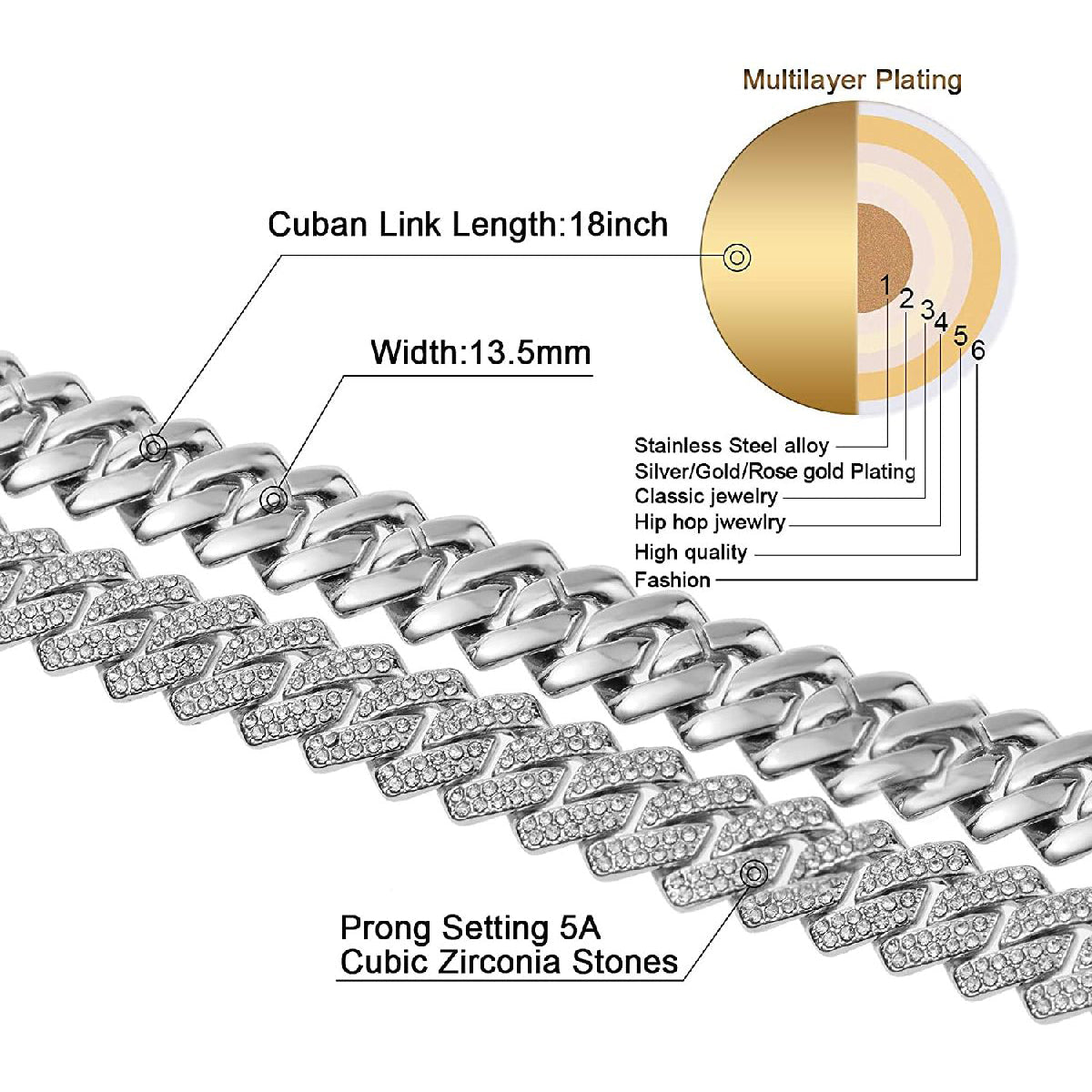 Alloy Cubic Zirconia Silver Cuban Miami Hip Hop Iced Out Chain Bulk