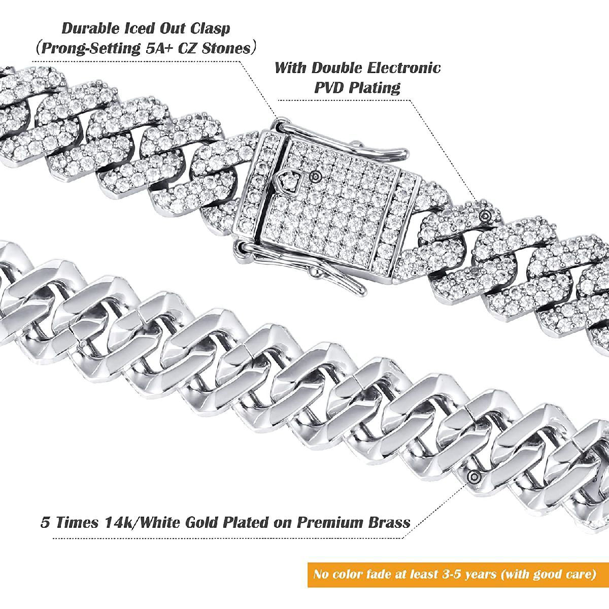 Alloy Cubic Zirconia Silver Cuban Miami Hip Hop Iced Out Chain Bulk