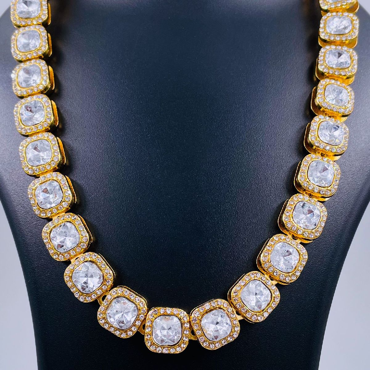 Hip Hop Iced Out Alloy Cuban Gold Rhinestone Square Tennis Ice Out Necklace Chain 18"